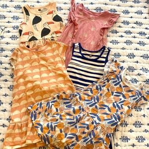 Lot of five size 5 Tea Collection cotton dresses in used play to good condition.